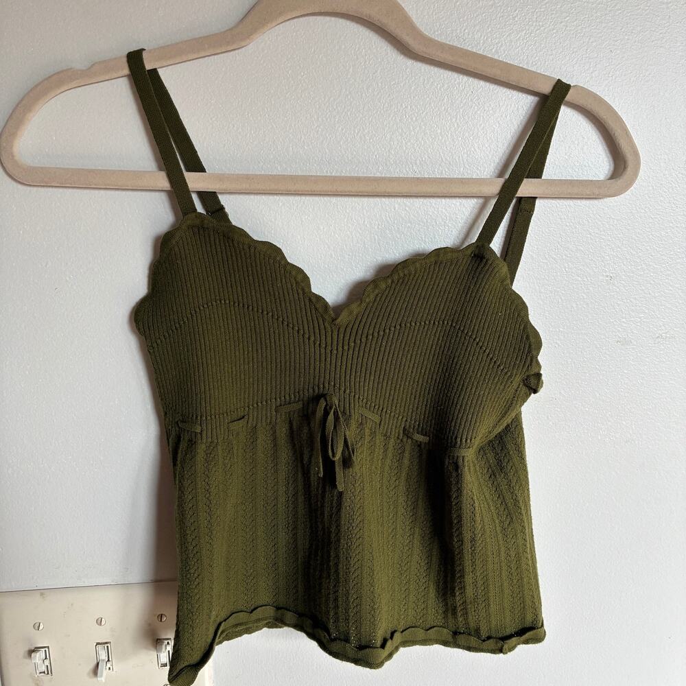 Wilfred Aritzia Olive Green Soloist Pointelle Knit Crop Tank Cami Size L